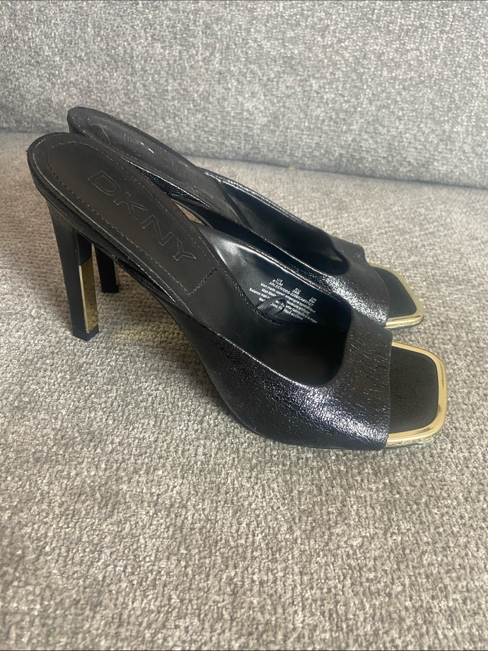 DKNY Black Leather Open-Toe High Heel Mules with Gold Accent size 8.5
